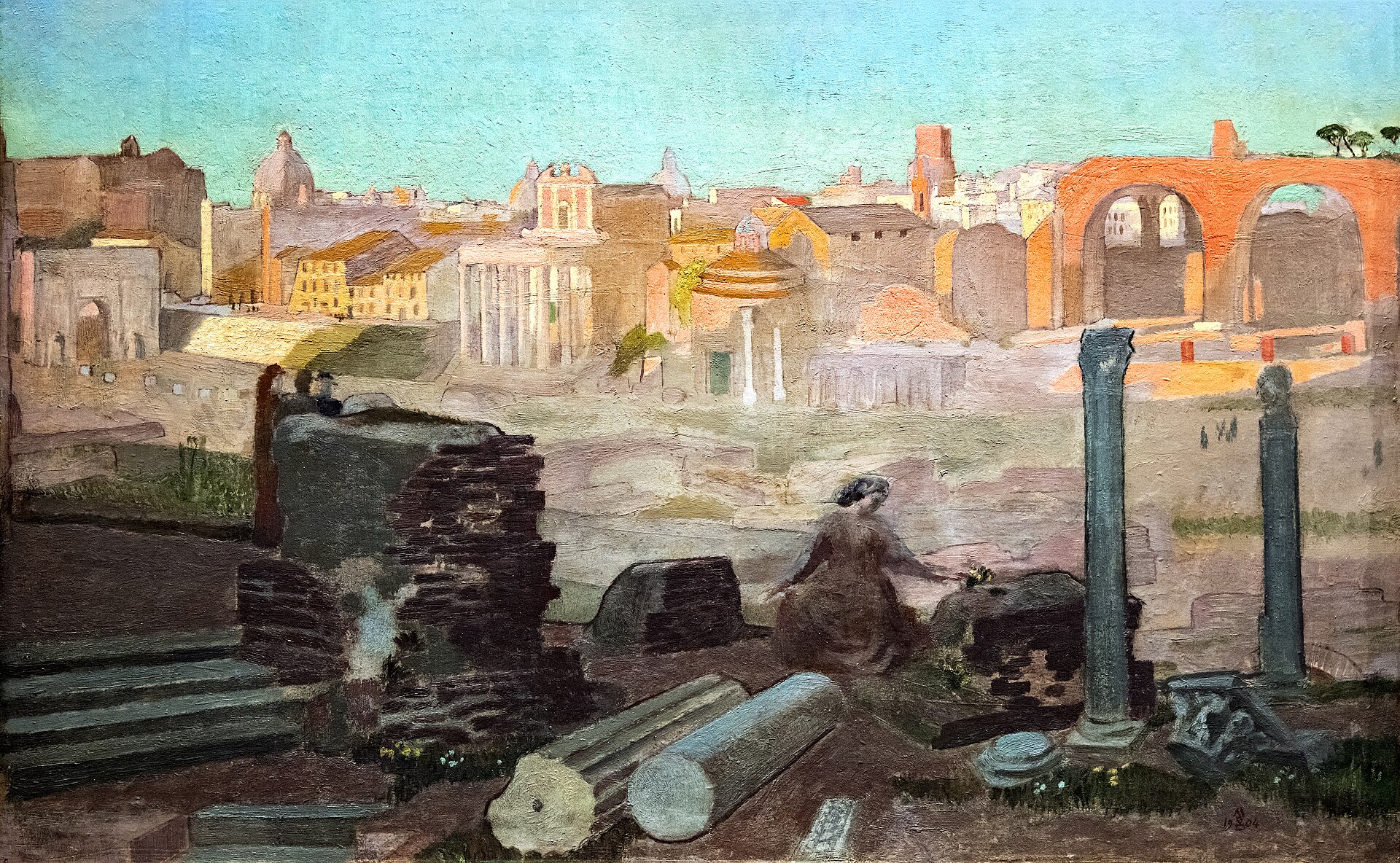 The ruins of the Roman Forum in warm late light: the columns of the Temple of Antoninus and Faustina, the round Temple of Romulus, church domes and the great brick arches of the Basilica of Maxentius under a turquoise sky.