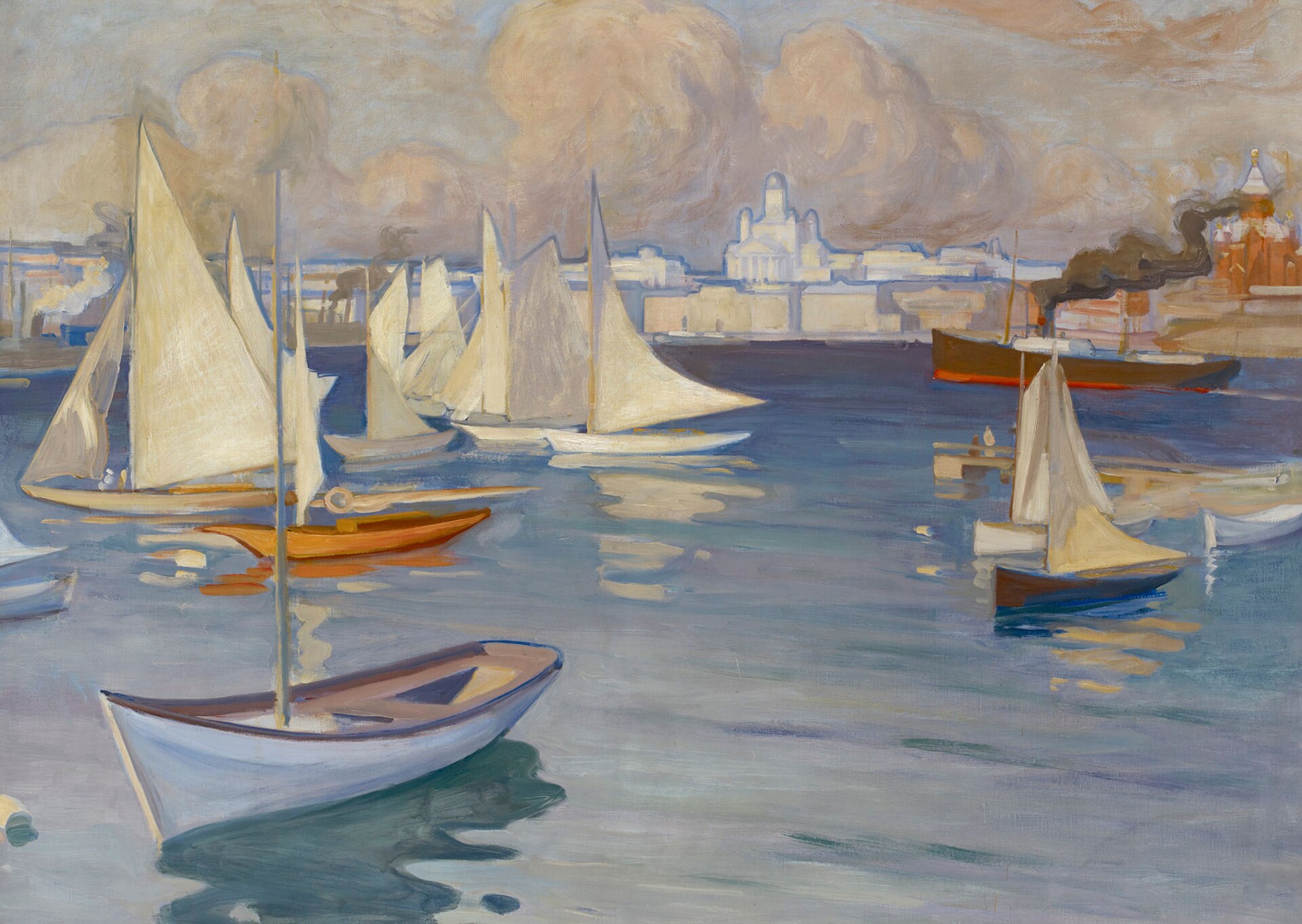 Albert Edelfelt's harbour of the Nyländska Jaktklubben yacht club in Helsinki: boats and sails on bright water by the shore, painted in open air