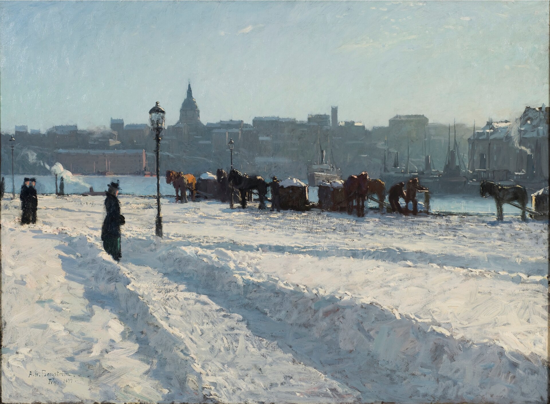 Horse-drawn sleighs tip snow off a sunlit quay while the hazy skyline of Södermalm, crowned by a church dome, rises across the steaming water.