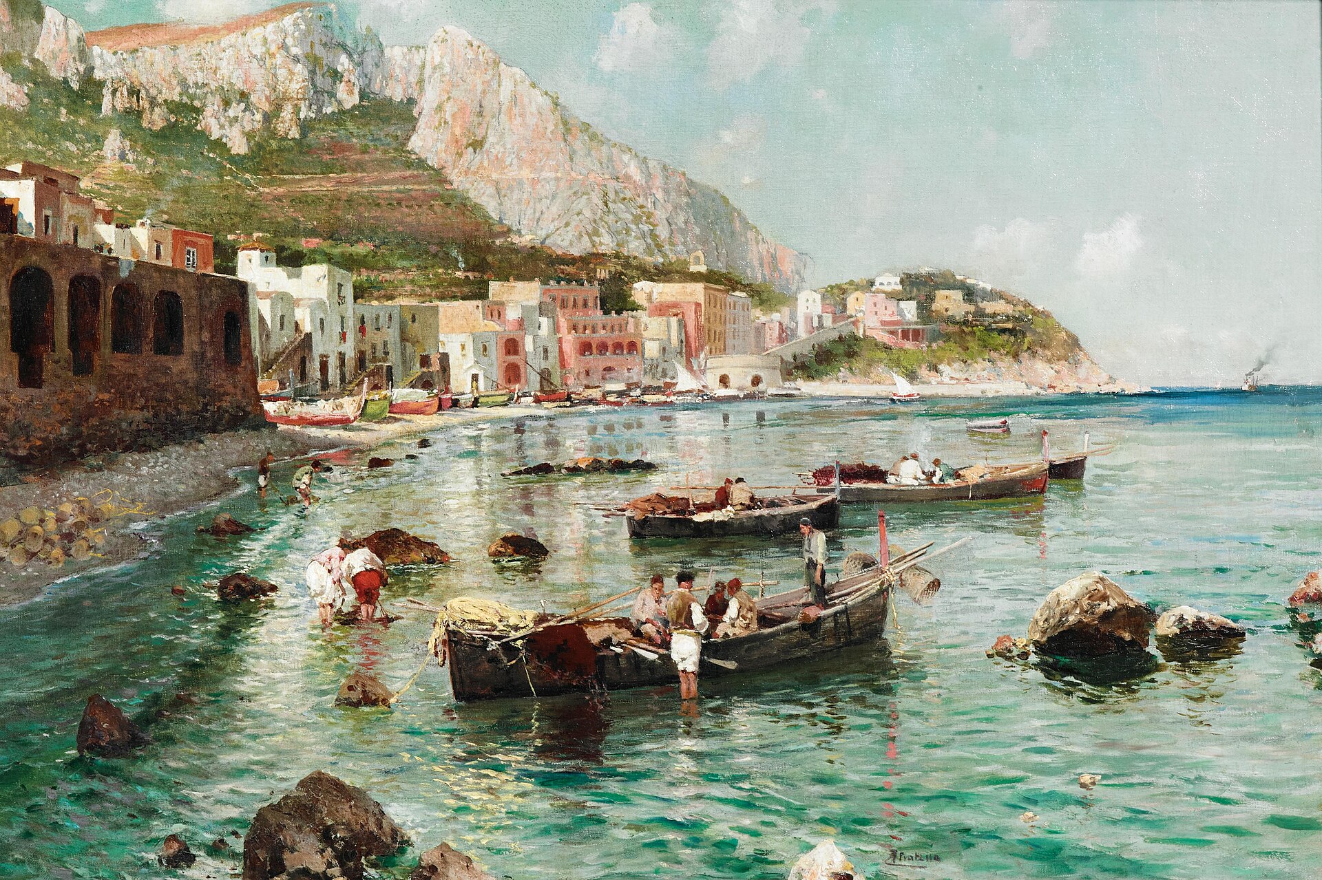 The sunlit harbour of Marina Grande on Capri: pastel houses and arcades along the beach, fishing boats and wading fishermen in turquoise water, and the island's sheer limestone cliffs rising above.