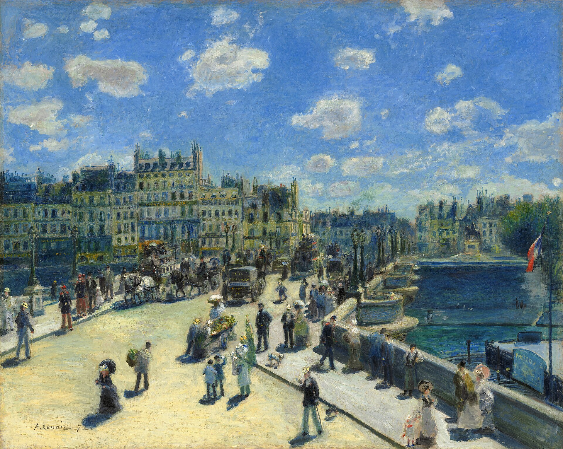 Sunlit crowds, horse-drawn omnibuses and carriages cross the Pont Neuf in Paris beside tall cream-coloured buildings, with the Seine, the equestrian statue of Henri IV and a tricolour flag on the right under a bright blue sky with white clouds.