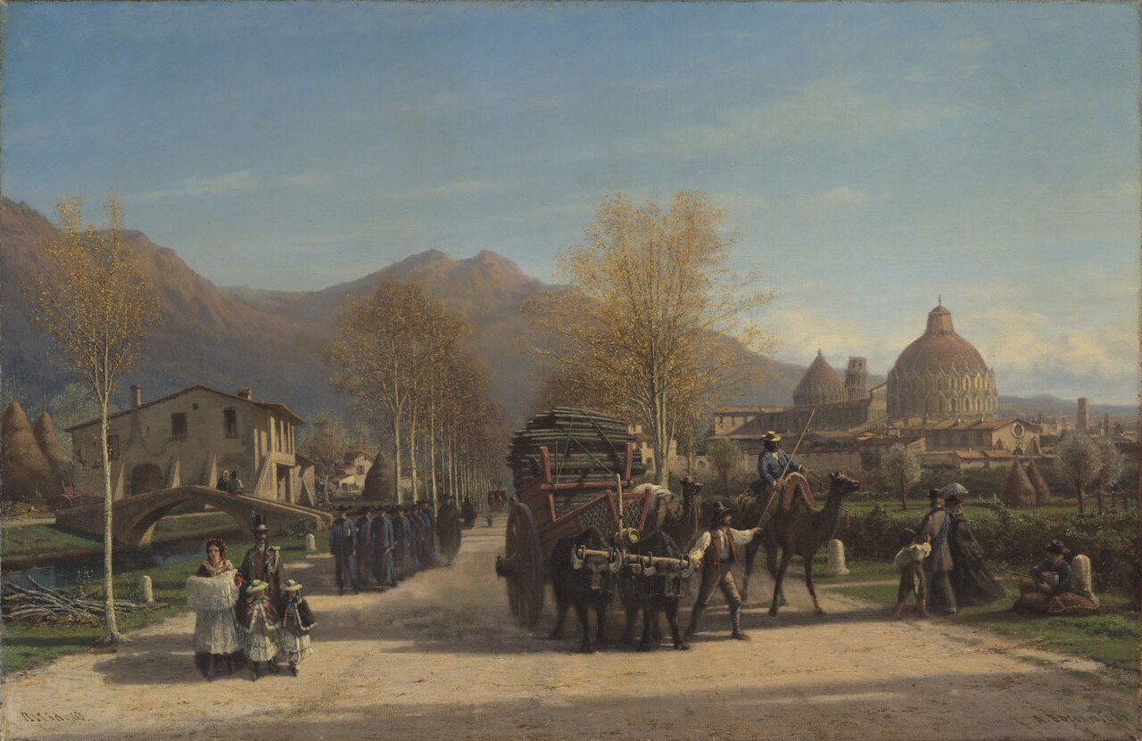 A sunny country road outside Pisa with an ox cart, camels, a file of pilgrims and a family walking, and beyond the poplars the domes of the Baptistery and Cathedral and the Leaning Tower beneath the Pisan hills.