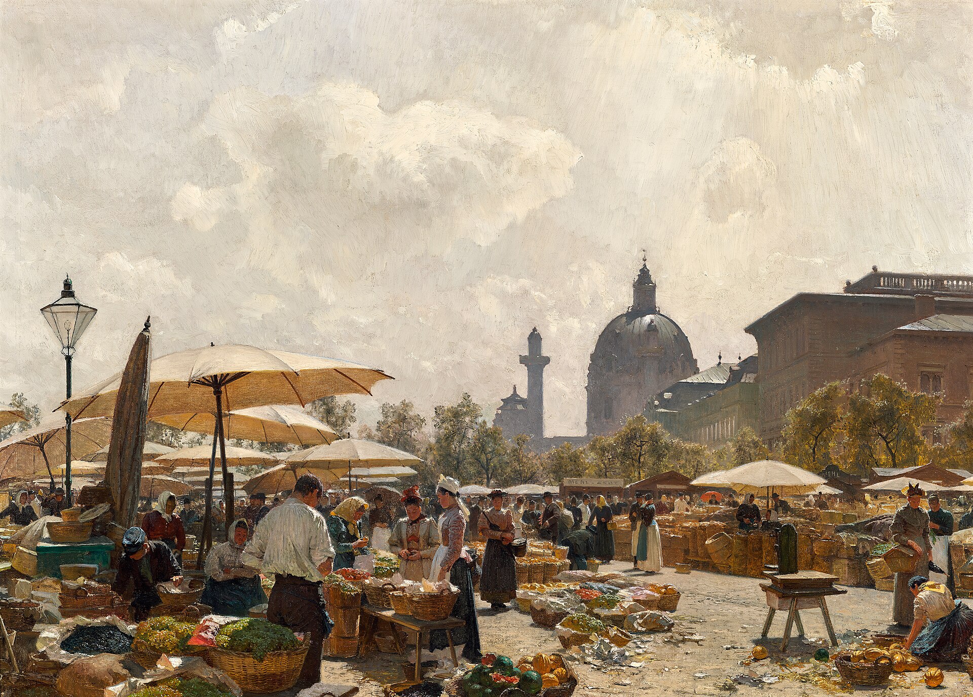 A sunlit open-air market crowded with stalls, parasols and market women, with the green dome of the Karlskirche and one of its columns rising above the trees in the background.