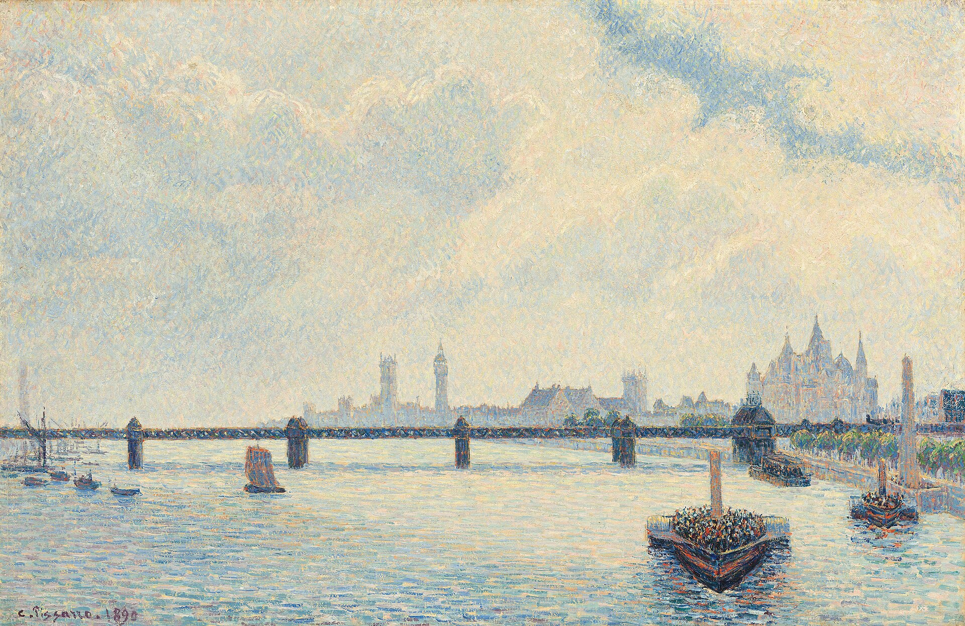 Charing Cross railway bridge spans the Thames, with the Houses of Parliament and Big Ben hazy beyond and crowded steamers in the foreground.