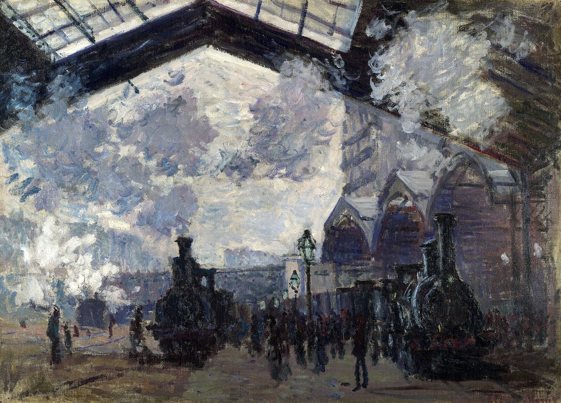 Two locomotives wrapped in steam beside a crowded platform, under the dark girders of the station's glass-and-iron roof