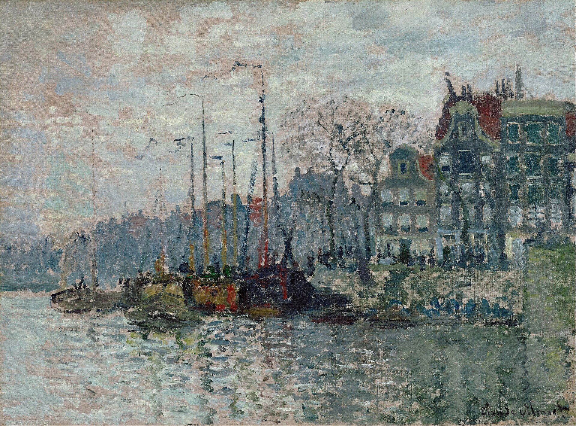 Sailing barges with tall masts moored by a quay of gabled Amsterdam canal houses and bare trees, under a pale pink-grey sky, painted in quick broken strokes.