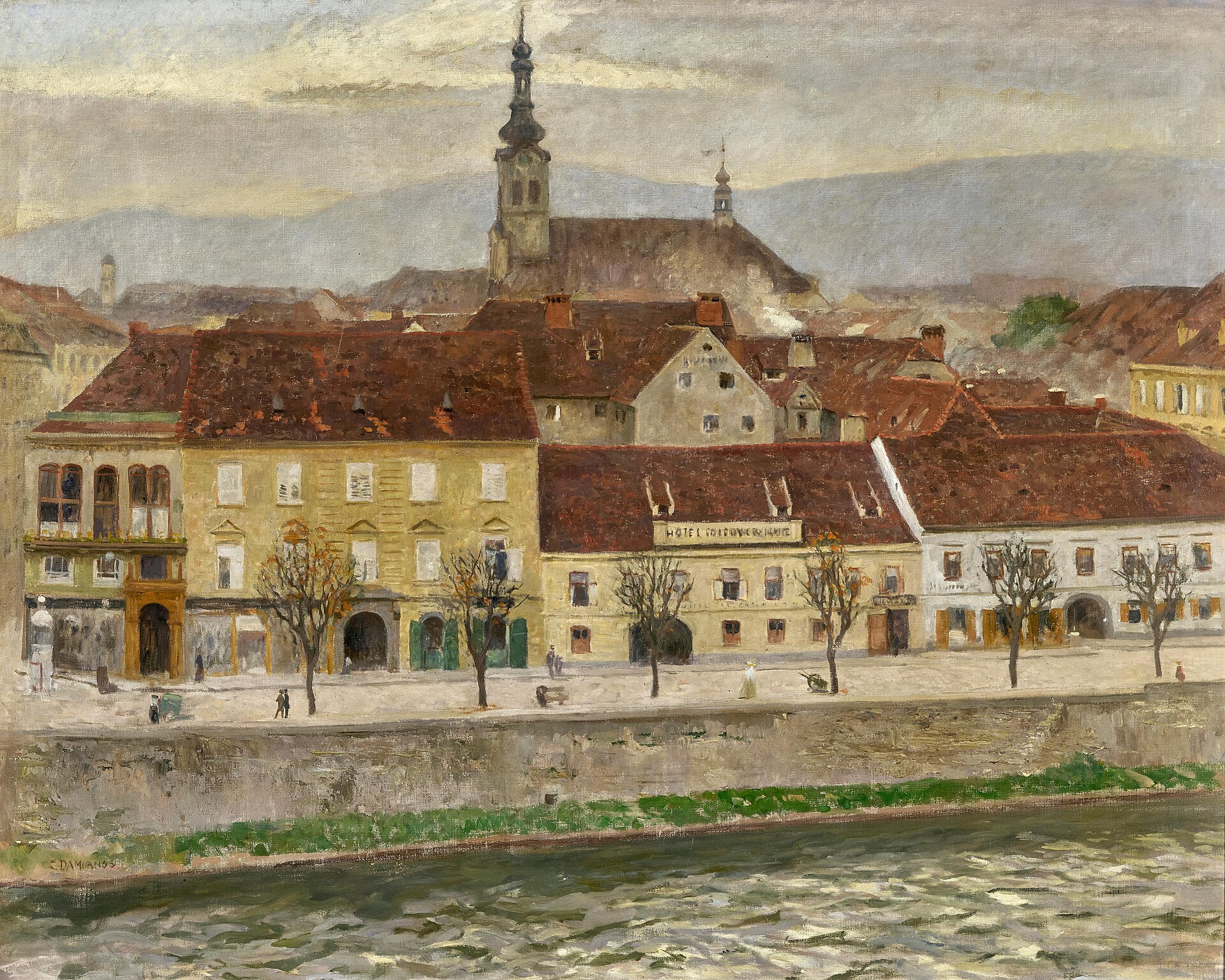 Painting of Graz's Mur embankment, with a baroque church spire rising above red-tiled roofs and pale houses under a grey sky, with blue hills beyond.