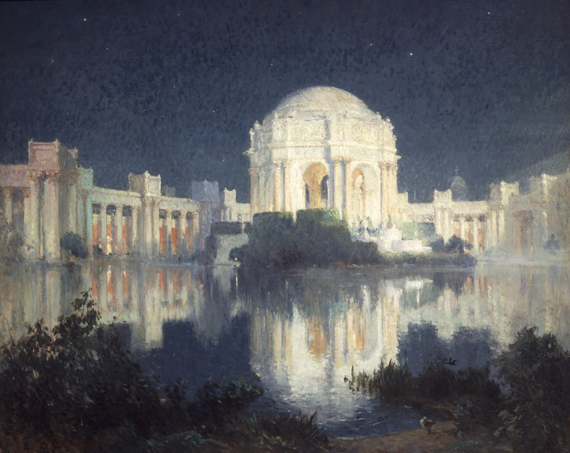 The domed rotunda and curving colonnades of San Francisco's Palace of Fine Arts glowing at night under a starry sky, reflected in the lagoon.