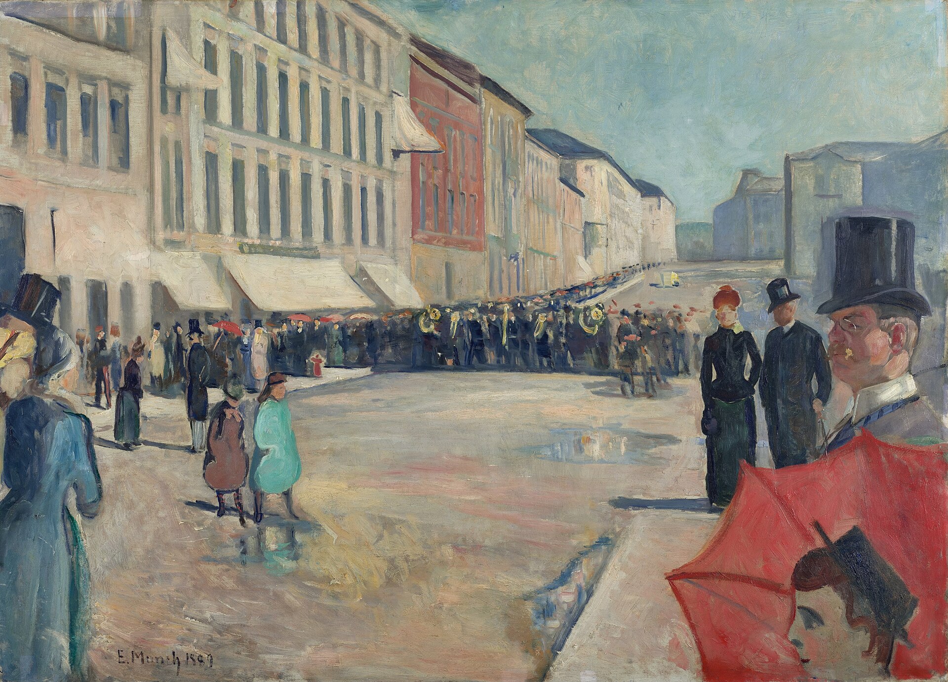 A military band marches up a sunlit Karl Johans gate between pale facades, watched by strollers and a top-hatted gentleman in the foreground.