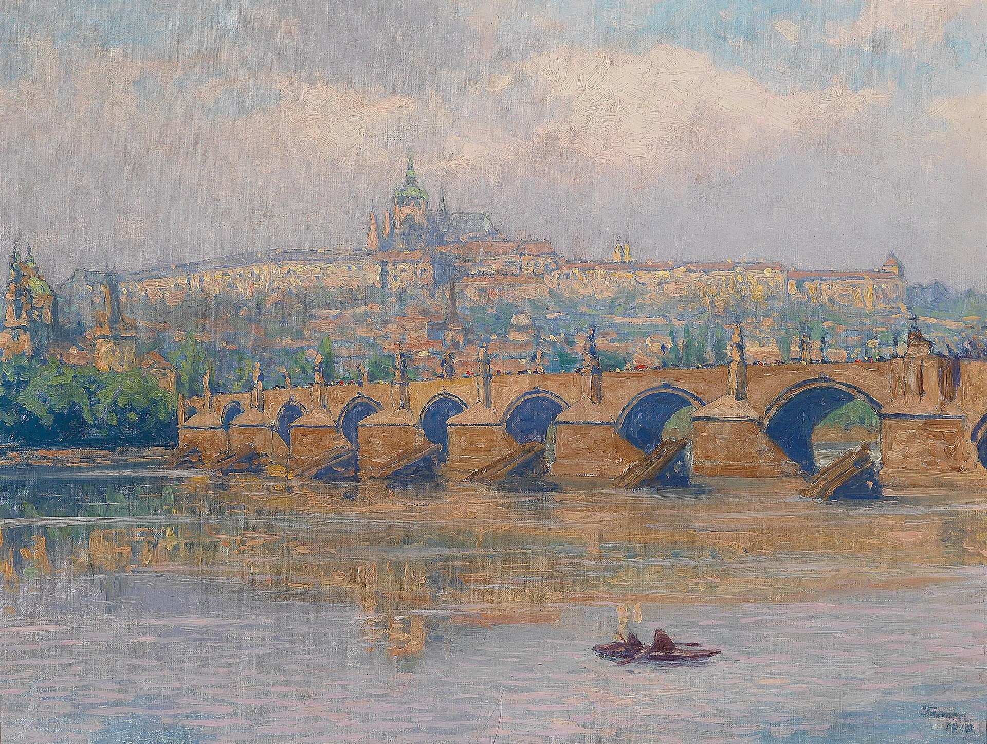 A pale, sunlit Impressionist view across the Vltava to the arches and statues of Charles Bridge, with the long front of Prague Castle and the green spire of St Vitus Cathedral rising behind under a hazy sky.
