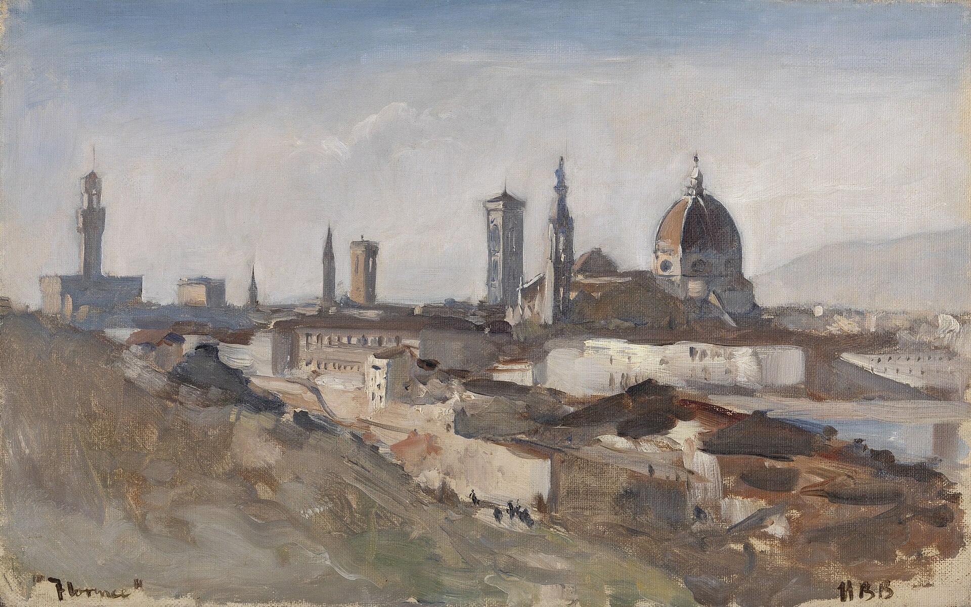 A loose oil sketch of the Florence skyline seen from the hills across the Arno: the tower of the Palazzo Vecchio, slender medieval towers, Giotto's campanile and Brunelleschi's great dome rising above a jumble of roofs.