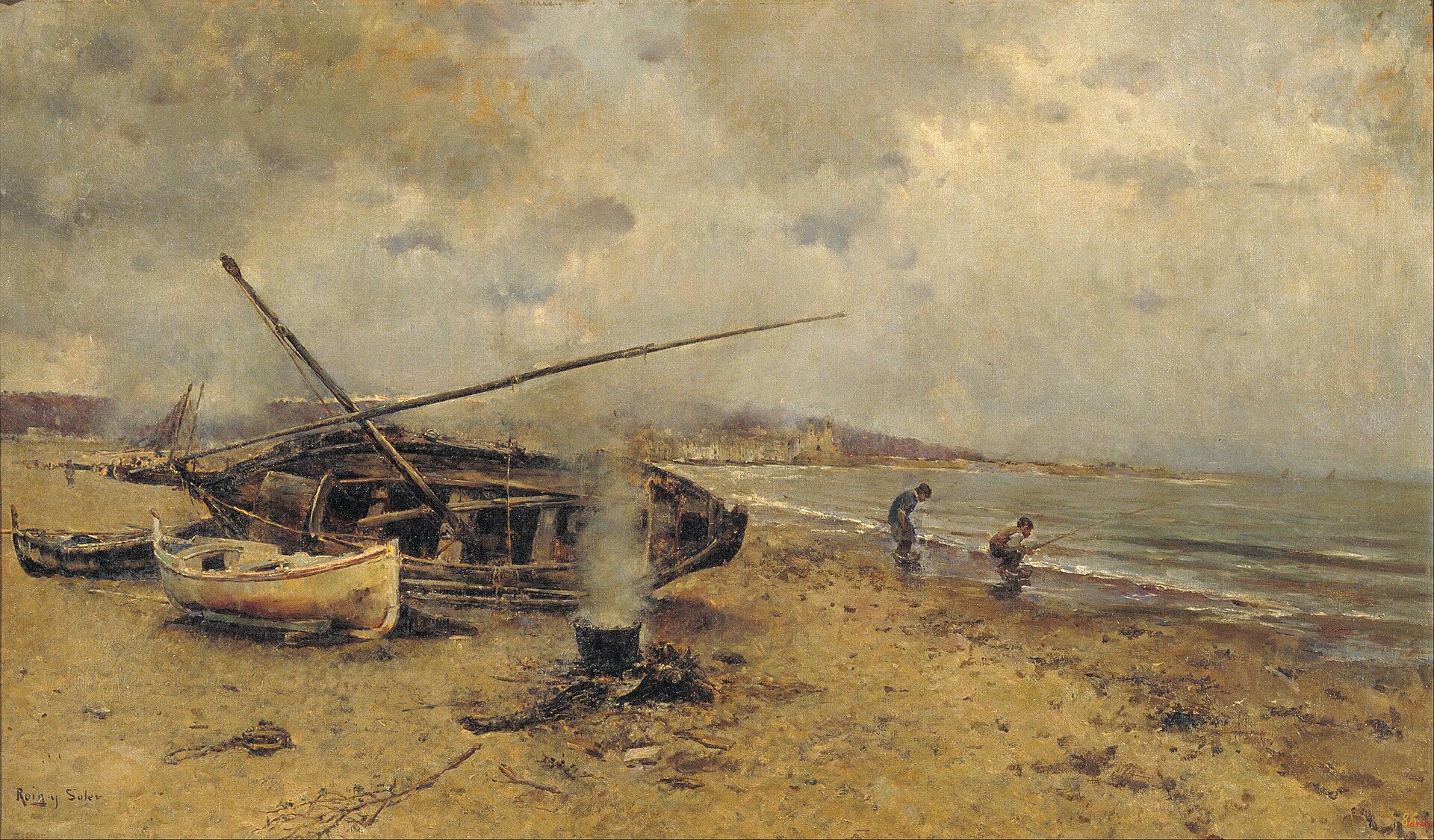 Fishing boats hauled up on the beach at Sitges under a grey sky, a pot smoking over a fire, two figures fishing at the water's edge and the white town on its headland in the distance.