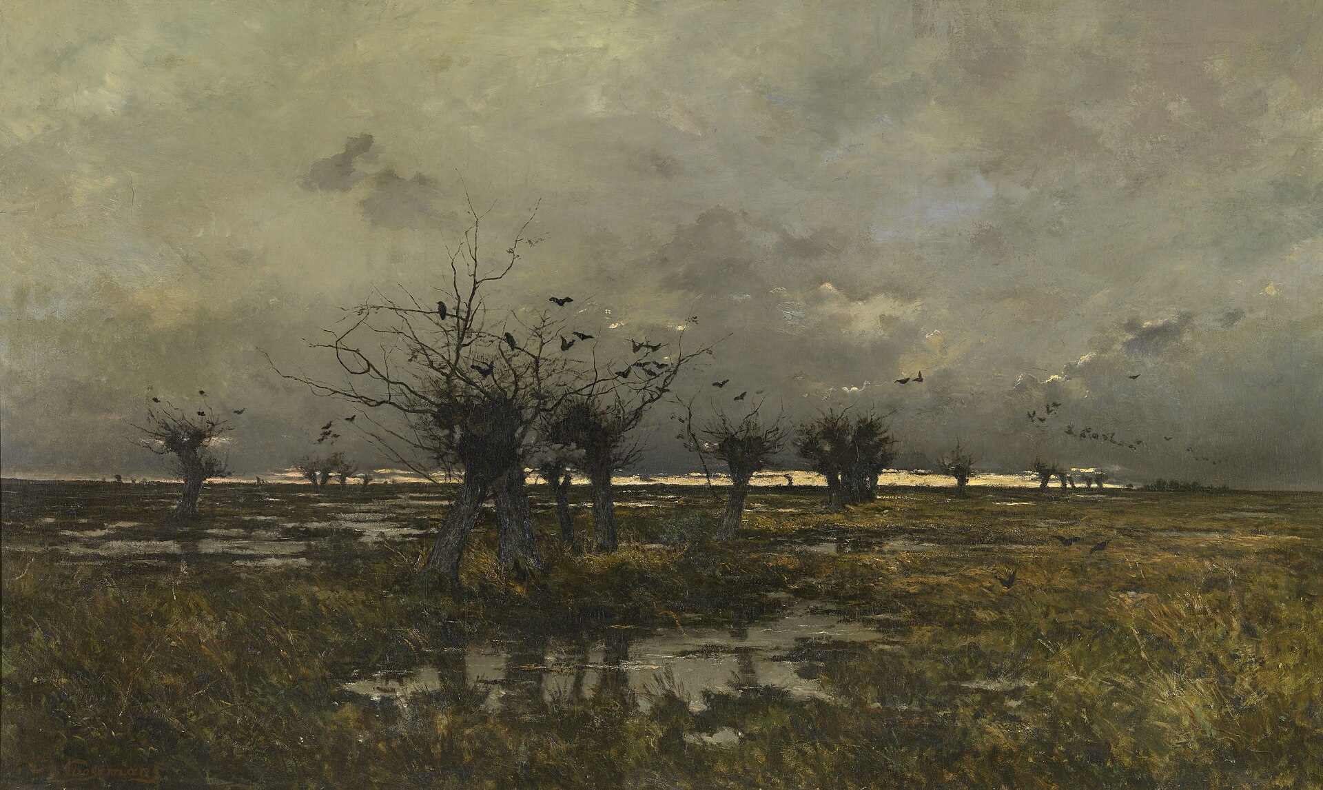 Pollard willows on a waterlogged moor under a heavy grey evening sky, with crows circling and a thin band of gold light on the horizon.