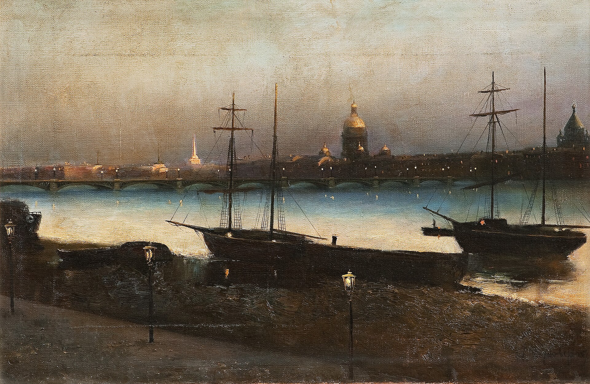 The Neva at dusk: two sailing ships are moored in the foreground, a long lamp-lit bridge crosses the river, and the Admiralty's gilded spire and the dome of St Isaac's Cathedral stand on the far bank.