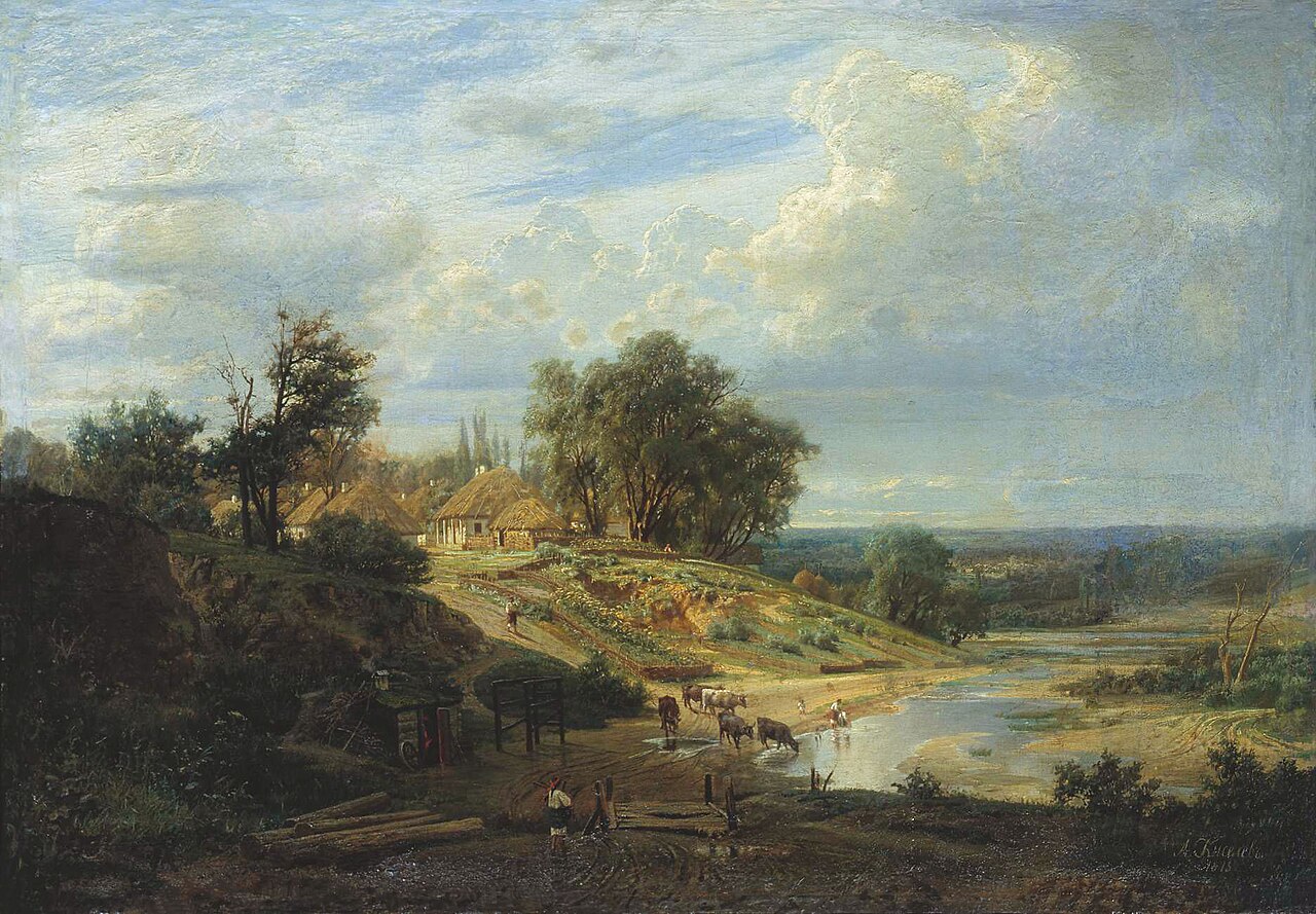 A sunlit Ukrainian hillside with whitewashed thatched cottages under big willows, a path down to a shallow river where cows drink, and a wide valley stretching to the horizon on the right.