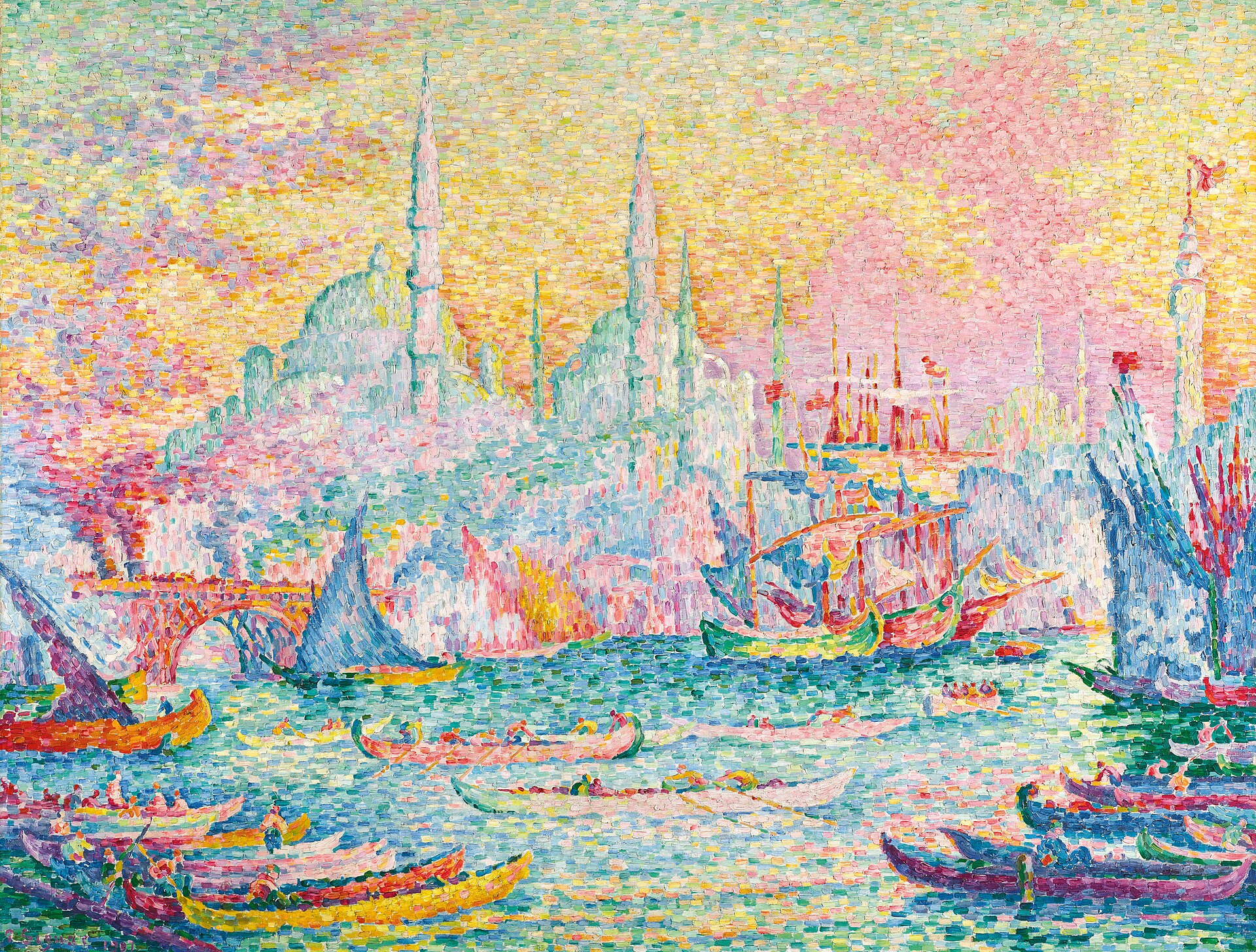 A pointillist view across the Golden Horn to the domes and minarets of old Constantinople, with a sailing ship, an arched bridge and caiques in pink, gold and turquoise.