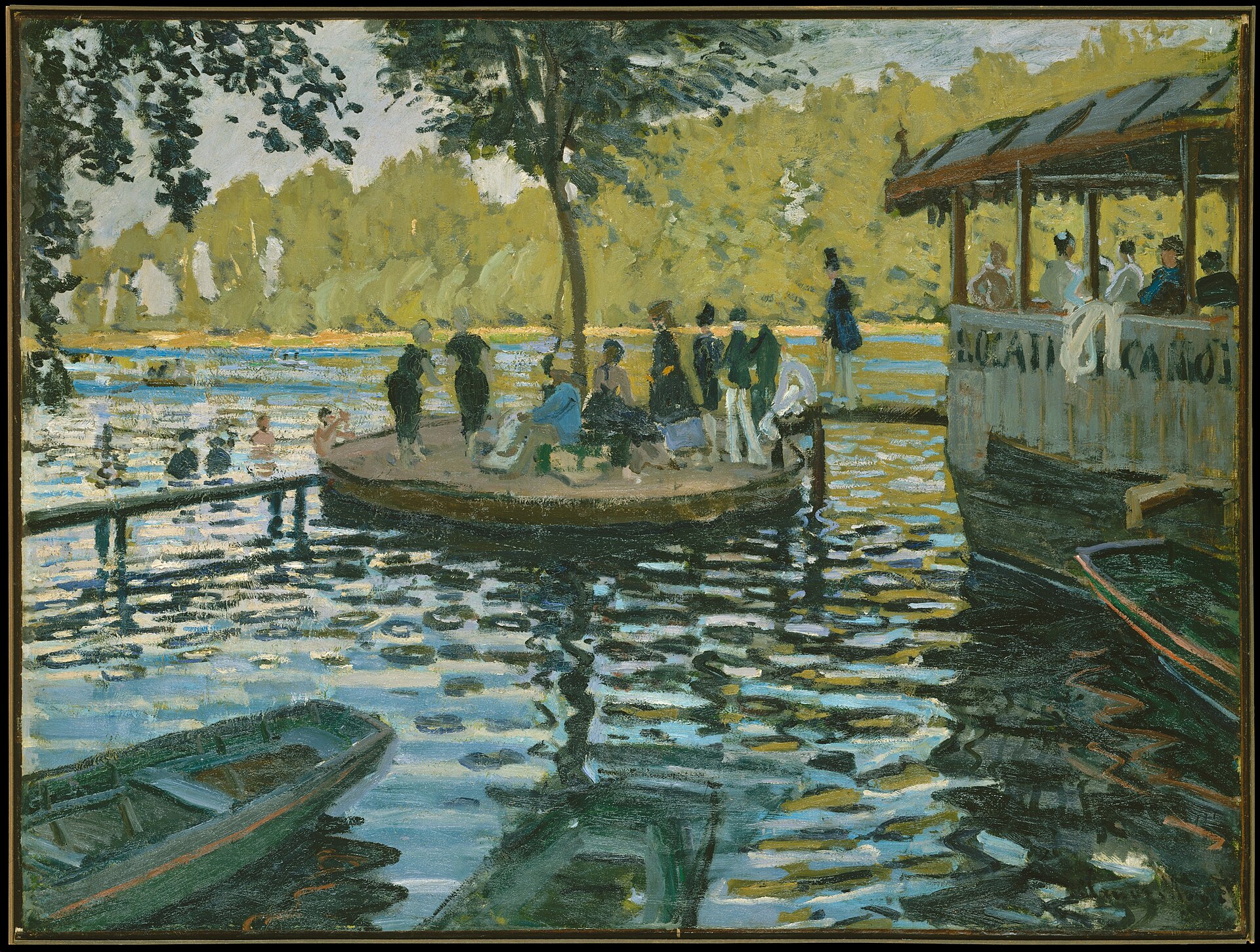 La Grenouillère, the bathing place on the Seine: a little round island crowded with people, rowing boats moored in the foreground, bathers in the shimmering water