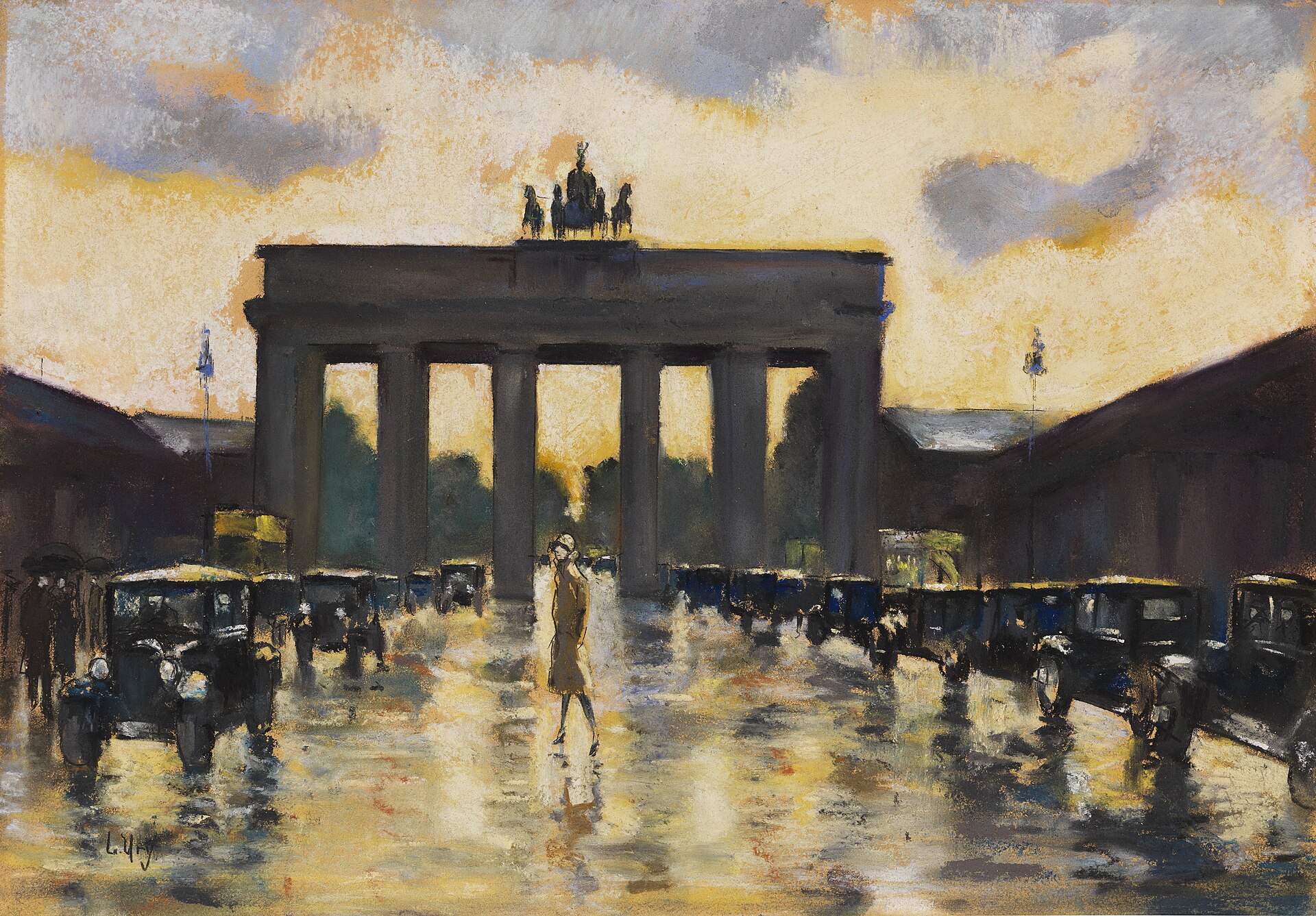 The Brandenburg Gate and its quadriga as a dark silhouette against a golden evening sky, with rain-wet Pariser Platz shining below, lined with 1920s taxis and a lone woman walking.
