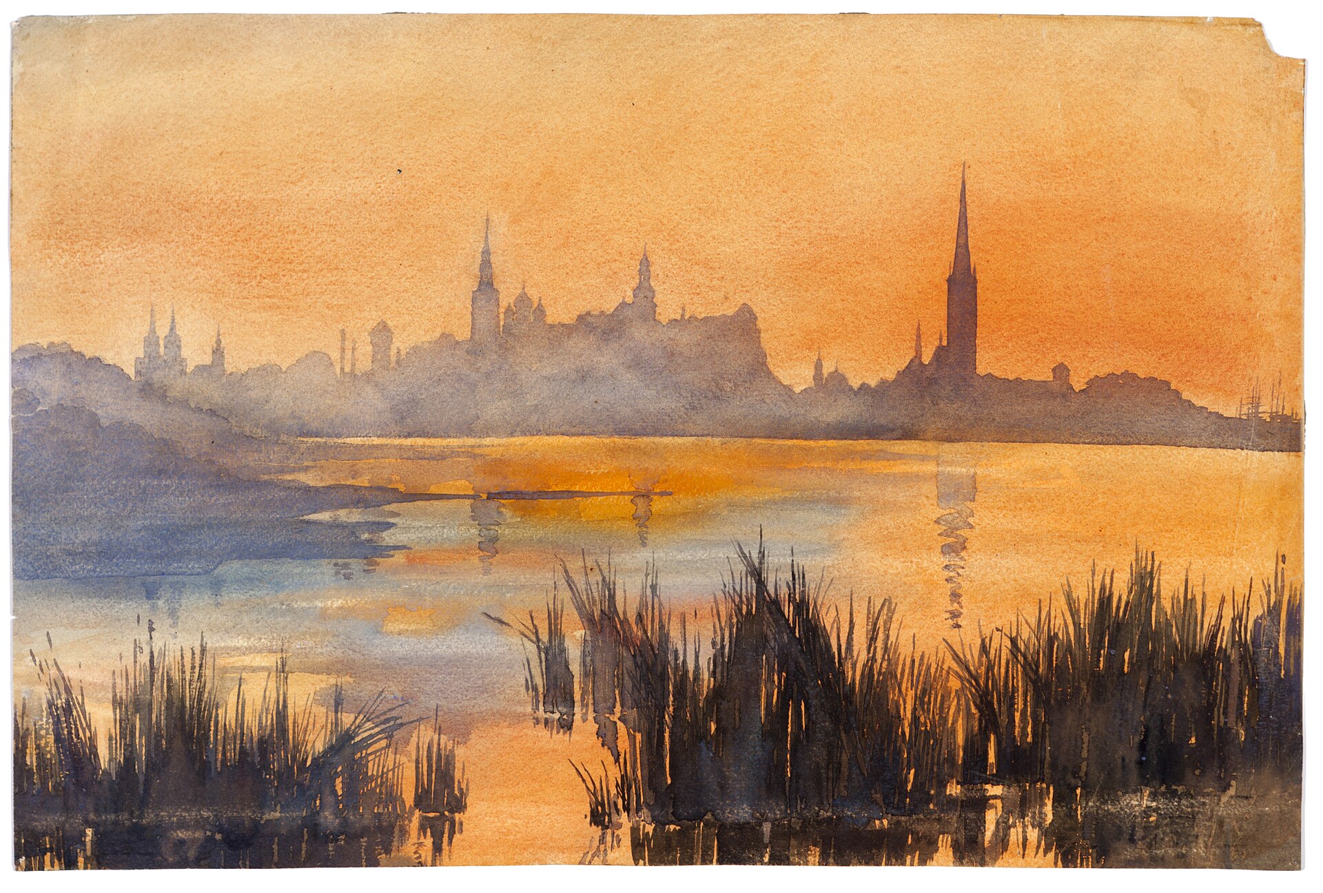 Watercolour of Tallinn's skyline, the towers of Toompea and the tall spire of St Olaf's Church, silhouetted against an orange sunset above still water and reeds.