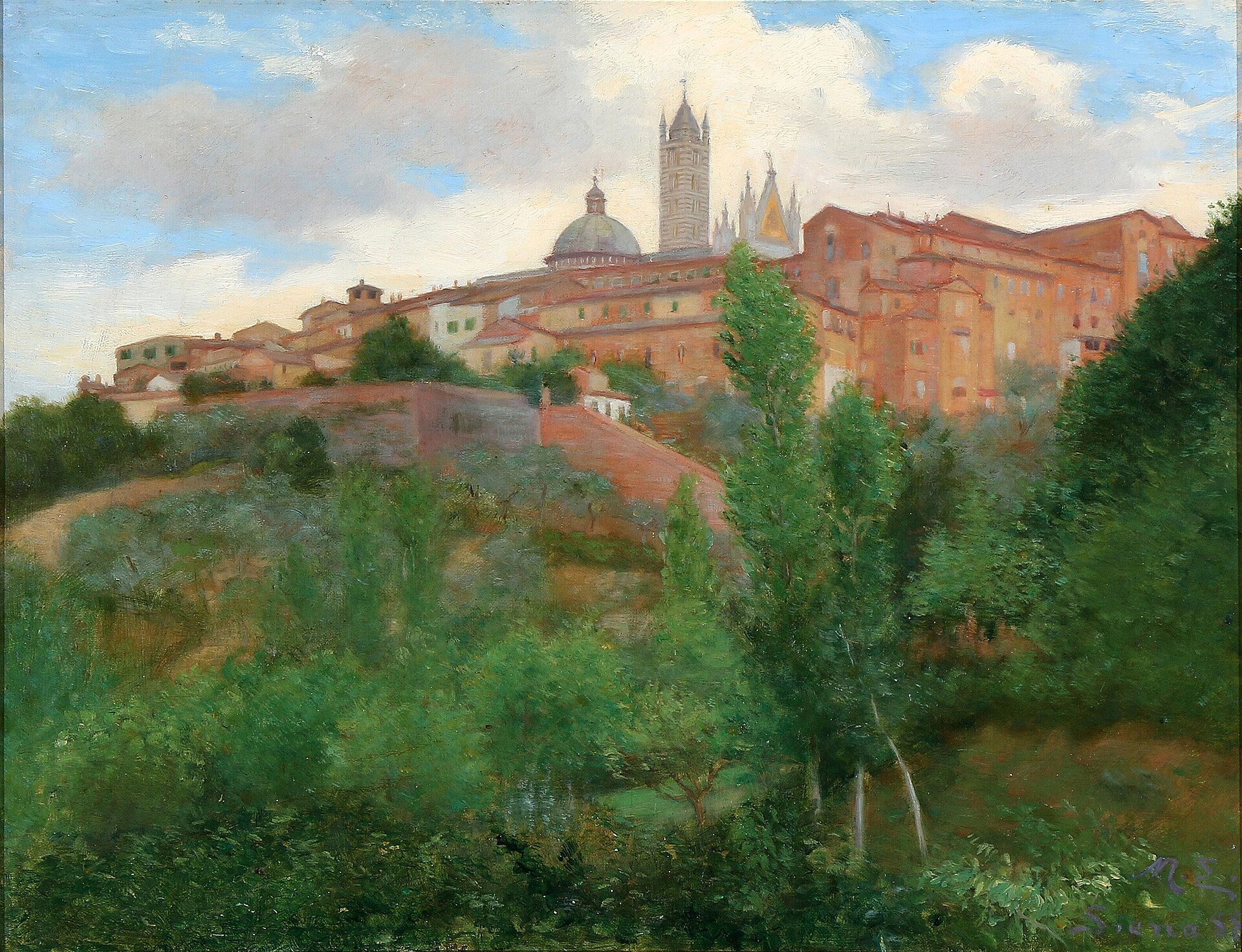 Oil painting of Siena on its hill seen from the green valley below, with the cathedral's dome and striped bell tower rising above ochre and rose palaces under a cloudy blue sky.