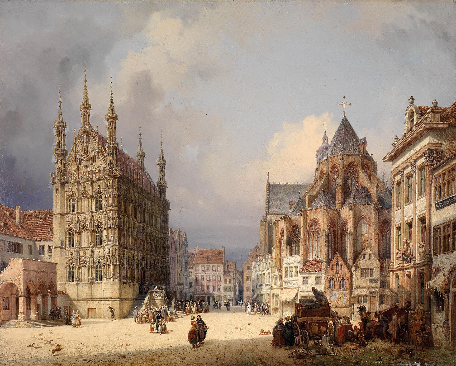 Sunlit Grote Markt in Leuven with the lace-like Gothic Town Hall and its turrets on the left and the apse of St Peter's Church on the right.
