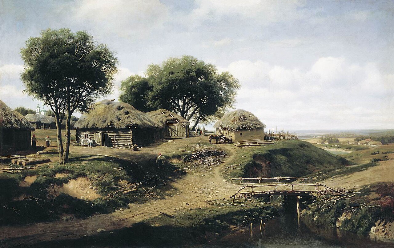 A sunny village in the Oryol countryside: thatched log huts under big trees, a horse and cart, villagers on a dirt track, a small white church in the distance, and the valley opening out to the right.