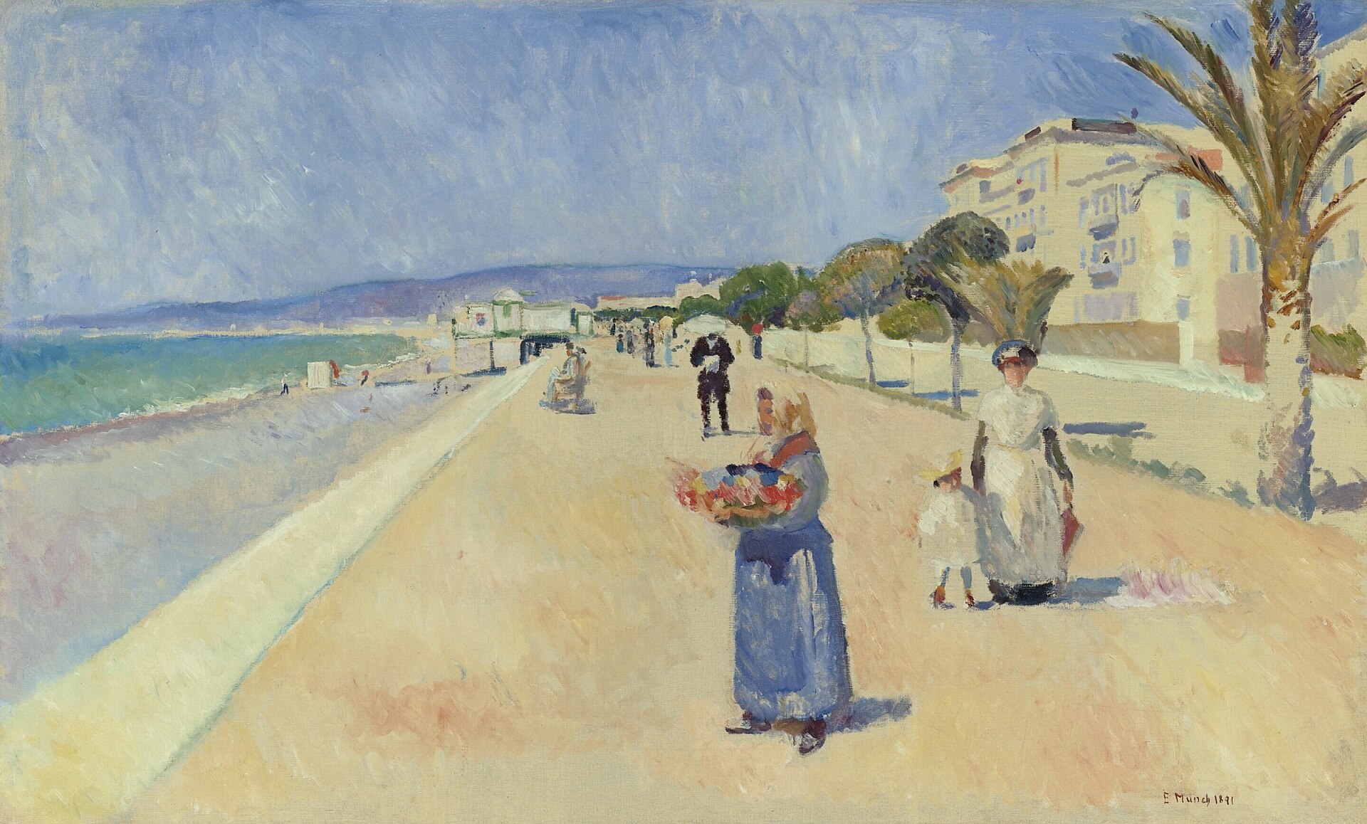 A sunny Promenade des Anglais in Nice stretches into the distance between the turquoise sea on the left and pale hotels with palm trees on the right, while a flower seller with a basket and a woman holding a child's hand walk along it.