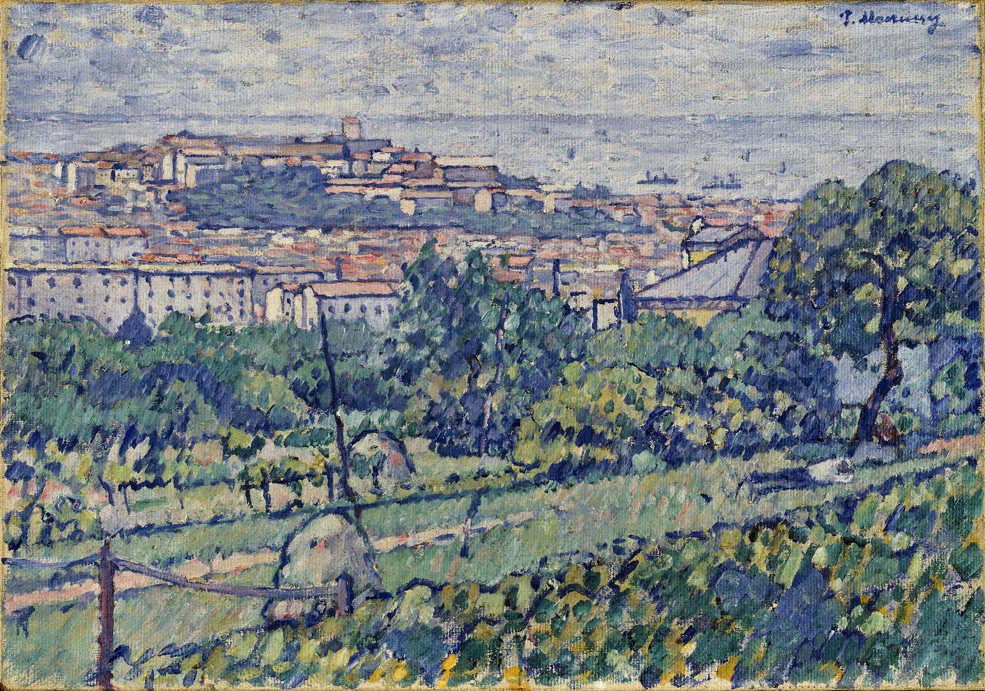 Seen over green gardens and vineyards, Trieste's red-roofed houses climb San Giusto hill, topped by the cathedral bell tower and castle, with the pale Adriatic and a few steamers beyond.