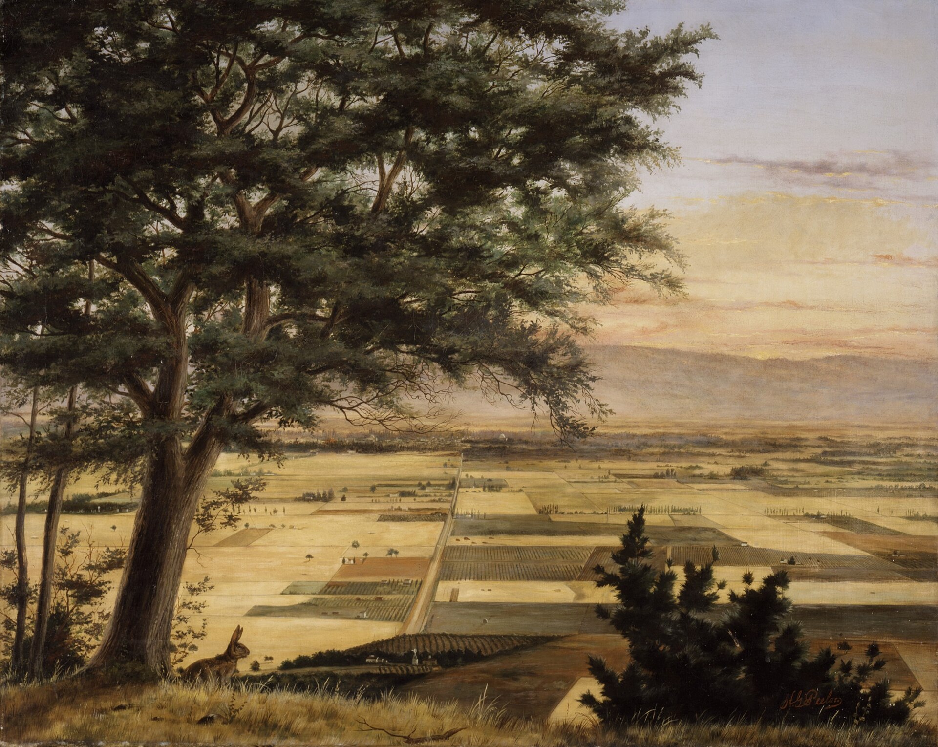 A view from wooded foothills over the patchwork farms and orchards of the Santa Clara Valley in evening light, with a tall tree at left and blue mountains on the horizon.