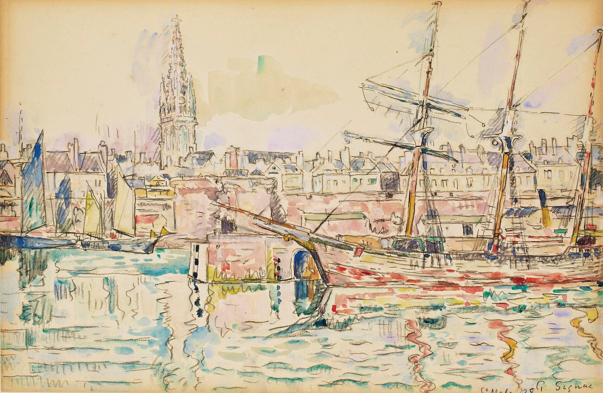 A loose gouache sketch across the harbour basin to the walled town of Saint-Malo, with the openwork spire of Saint-Vincent cathedral above the rooftops and the masts of a moored sailing ship on the right.