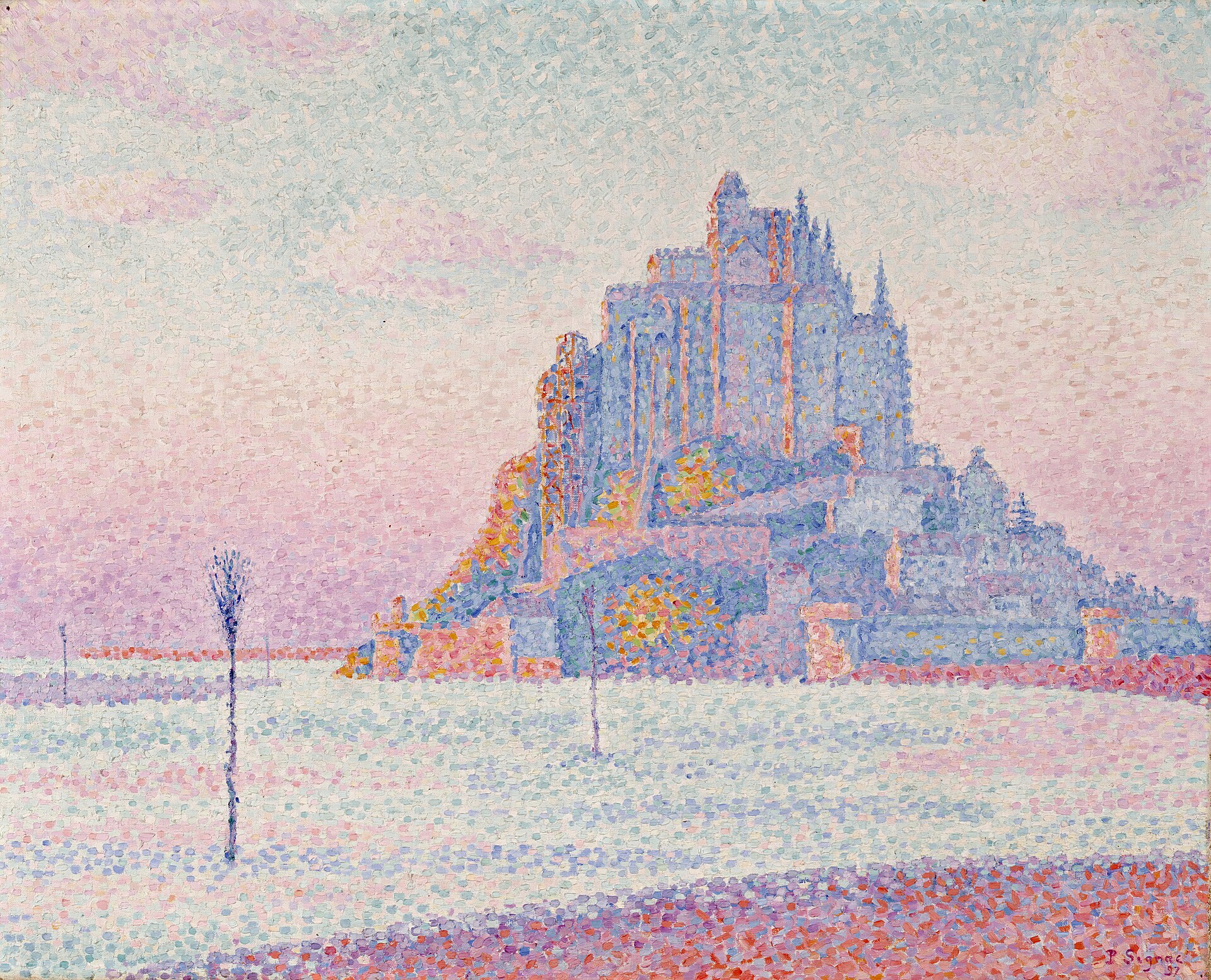 A pointillist view of the abbey-crowned rock of Mont Saint-Michel, rendered in dots of lilac, blue and orange, rising above pale tidal flats under a pink sunset sky.