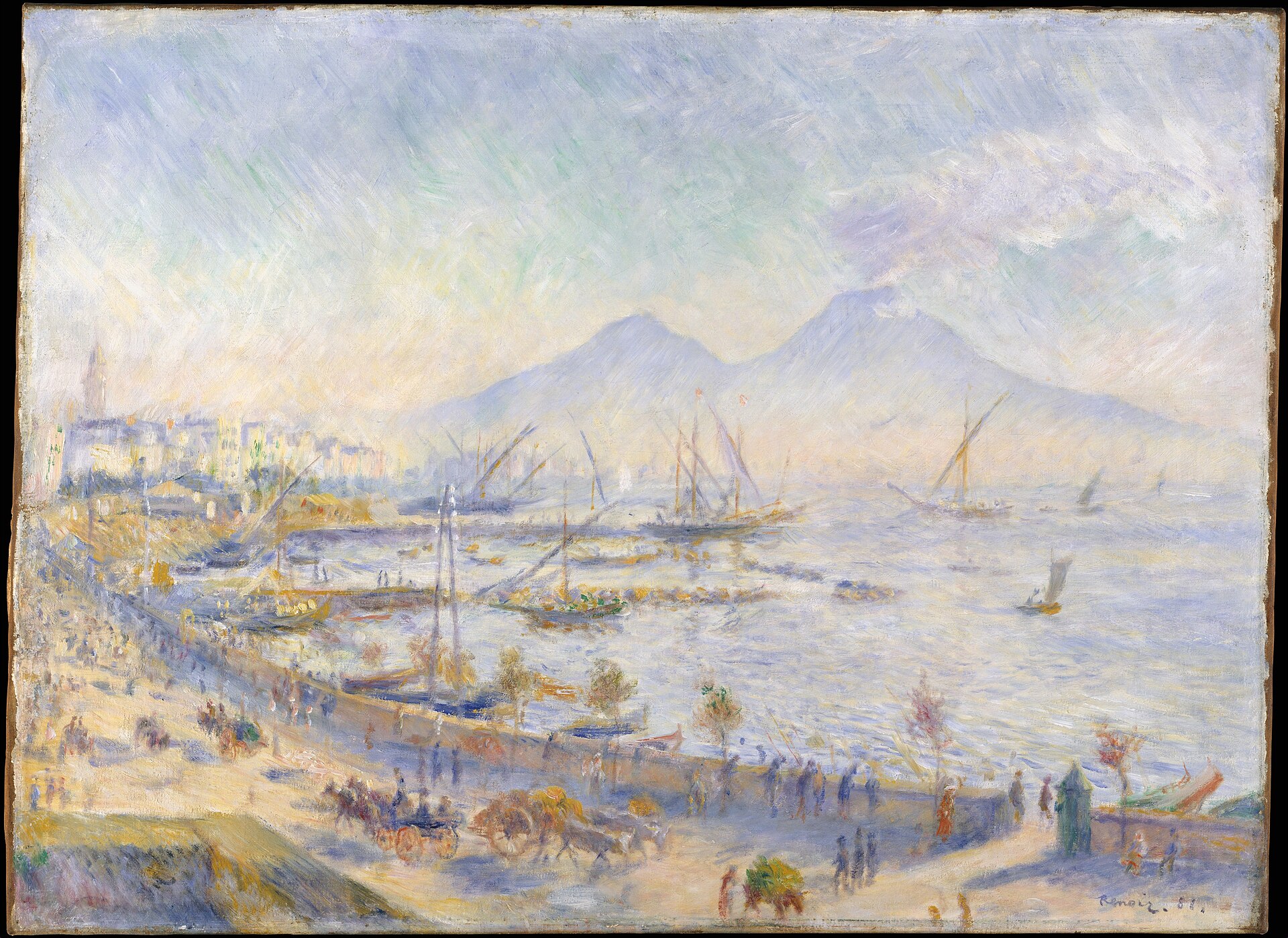 A hazy morning over the harbour of Naples: sailing boats on the pale bay, a busy quayside with carriages and strollers, and the double summit of Vesuvius trailing smoke in the distance.