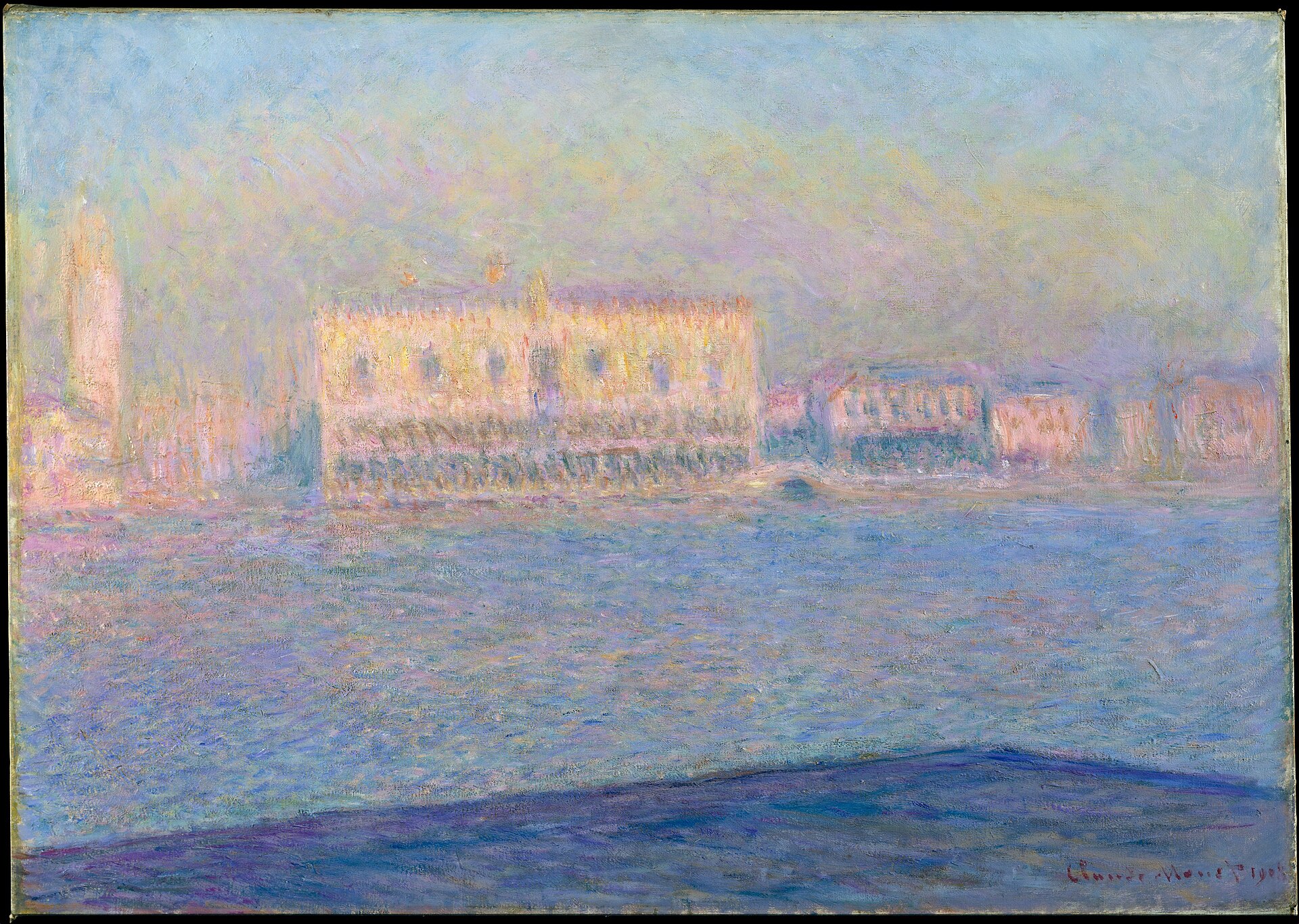 Across shimmering lilac-blue water, the Doge's Palace glows pink and gold in a summer haze, with the Campanile of San Marco at the left and the palaces of the Riva degli Schiavoni to the right.