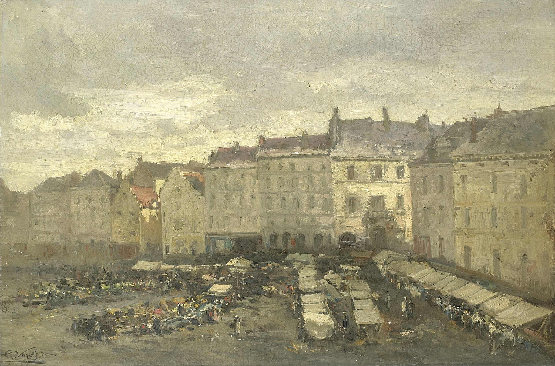 A busy open-air market with white-awninged stalls on the Place du Grand Sablon in Brussels, under tall pale townhouses and stepped gables and a grey sky.
