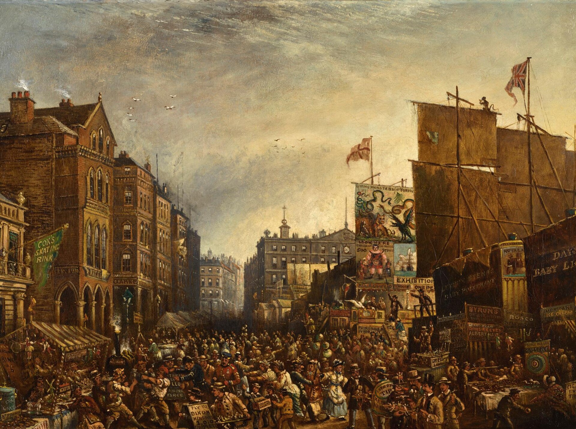 A dense crowd fills Nottingham's Market Place during Goose Fair. Show booths, painted posters and a flag-topped sideshow stand on the right, tall Victorian buildings on the left, and a pedimented building with a clock and cupola (probably the old Exchange) closes the square.