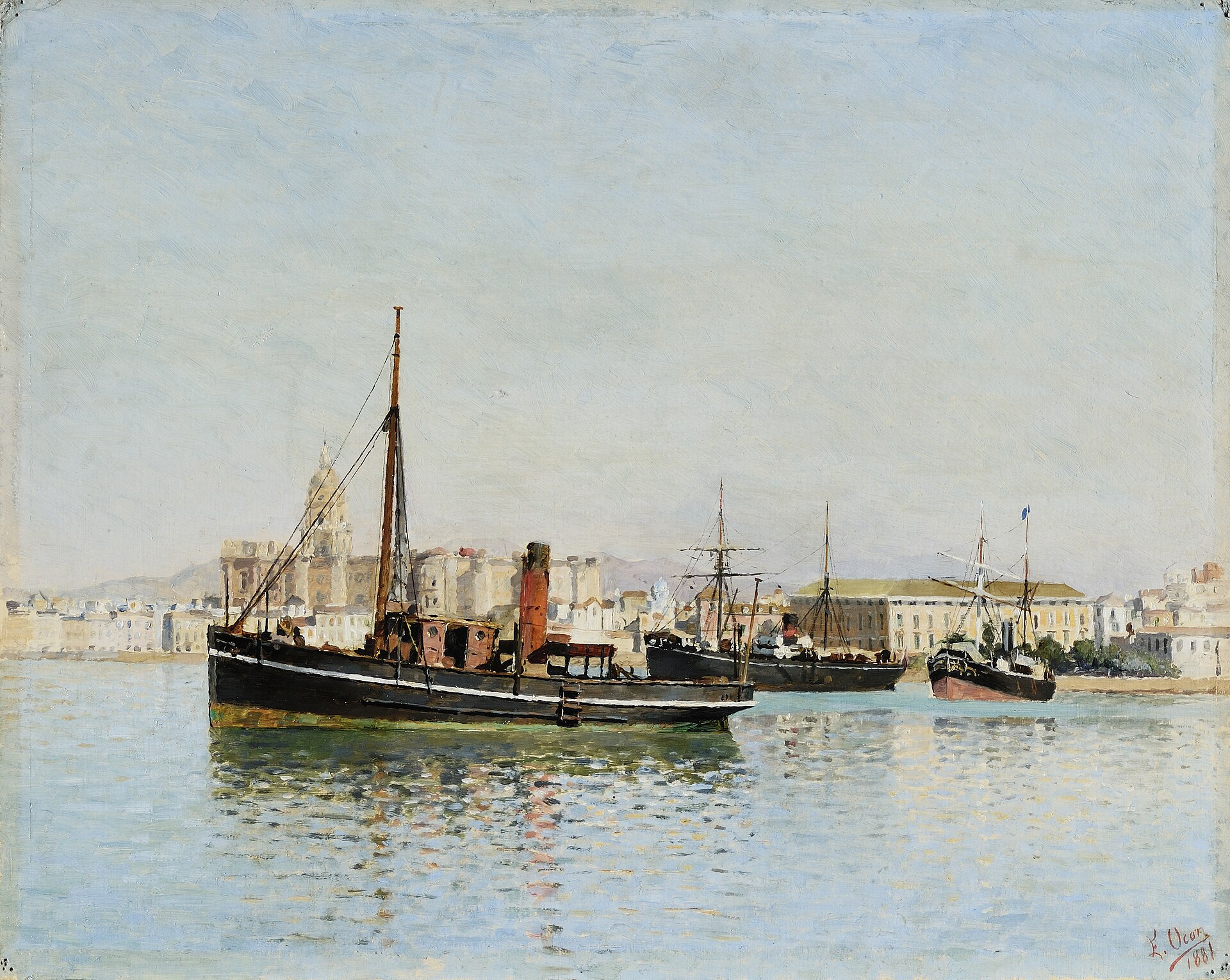 A tug and steamships anchored on the calm, sunlit water of Málaga harbour, with the cathedral and the long Customs House on the waterfront behind.