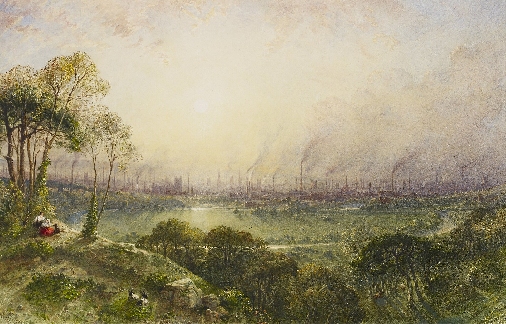 A hazy golden panorama of Manchester's skyline of smoking mill chimneys and church spires, seen across the green Irwell valley from wooded Kersal Moor, with two women resting under trees on the left.